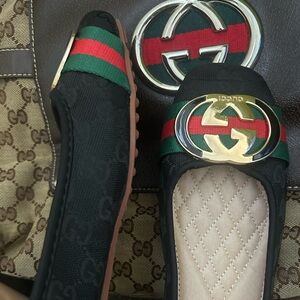 Gucci Black Flats with Red and Green Stripe